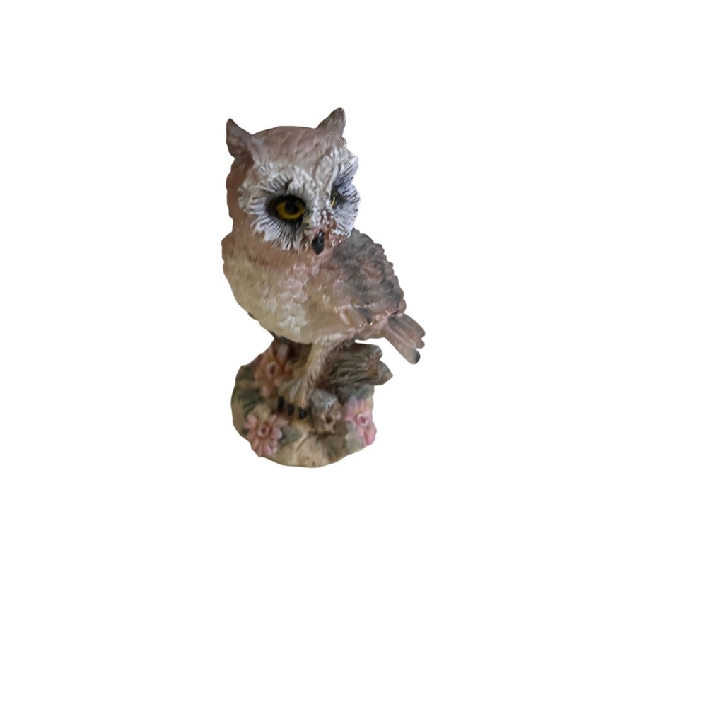 Vintage Style Owl Figurine on Floral Base Woodland Bird Statue 4 Inch